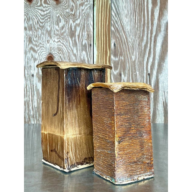 Boho Chic Vintage Boho Studio Pottery Square Lidded Vases - Set of 2 For Sale - Image 3 of 6