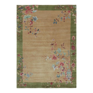 Rug & Kilim’s Chinese Art Deco Style Rug in Green and Beige With Floral Patterns For Sale