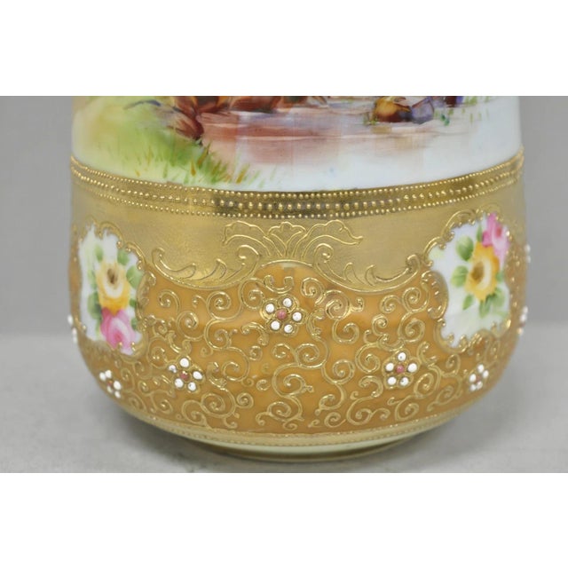Antique Nippon Hand Painted Lake Scene Art Nouveau Twin Handle Porcelain Vase For Sale In Philadelphia - Image 6 of 15
