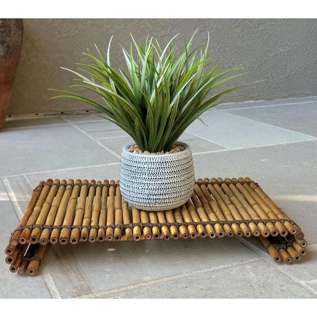 Boho Chic Mid 20th-Century Bamboo Curved Scrolled Arm Plant Stand / Riser For Sale - Image 3 of 18