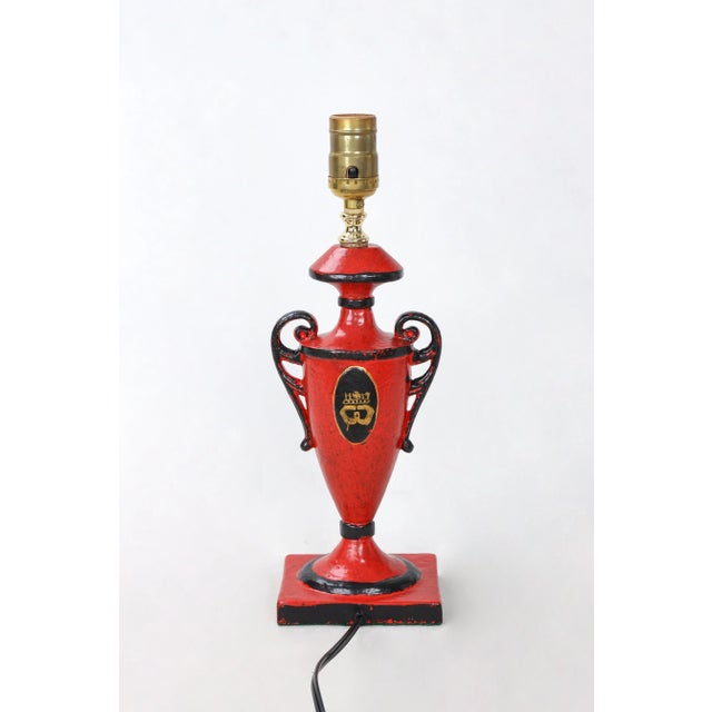 Early 20th Century Vintage Red Urn Lamp With Duke & Duchess of Windsor Gold Accent Cypher For Sale - Image 5 of 7