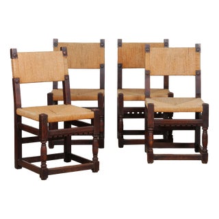 Straw-Seated Chairs in Oak, 1950, Set of 4 For Sale