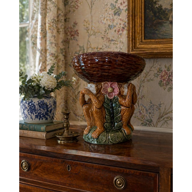Vintage Majolica Style Three Monkey Ceramic Basket Centerpiece Kindly note photo number two (2) is a digital rendering...