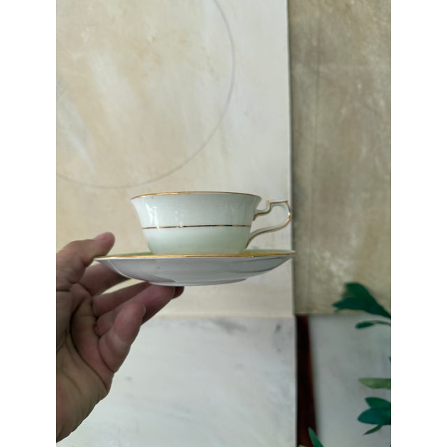 1930s English Bone China Teacup and Saucers by Allertons in Mint Green With Chinoiserie Tropical Bird - Collection of 11 Pieces For Sale - Image 12 of 12