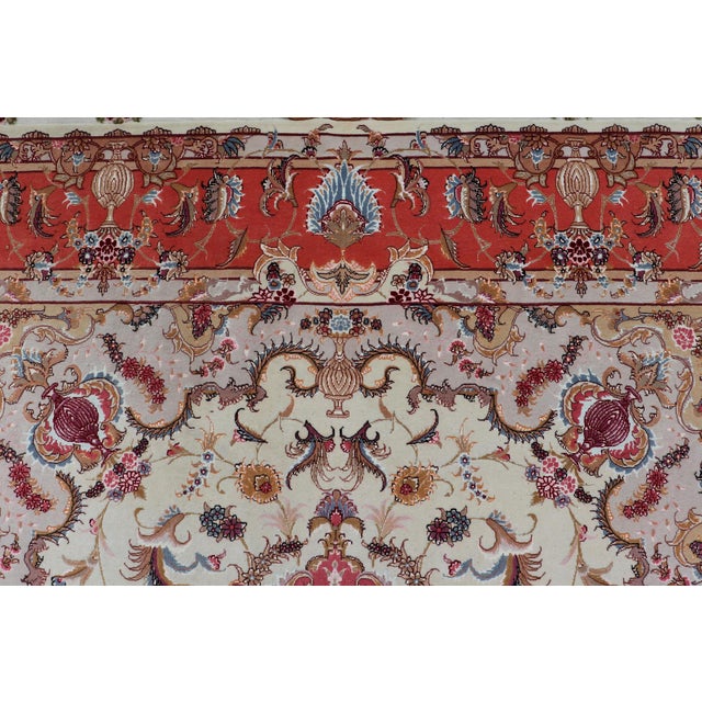 Ivory Vintage Persian Tabriz Silk Rug With Ivory Medallion With Orange 6'7 X 10'5 For Sale - Image 8 of 13