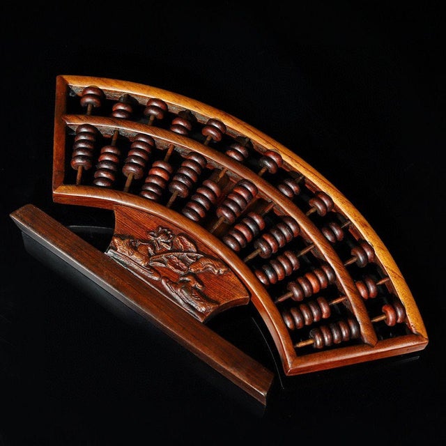 1970s 1970s Handcrafted Rosewood Fan-Shaped Abacus - Chinese Wooden Calculator With Stand For Sale - Image 5 of 9
