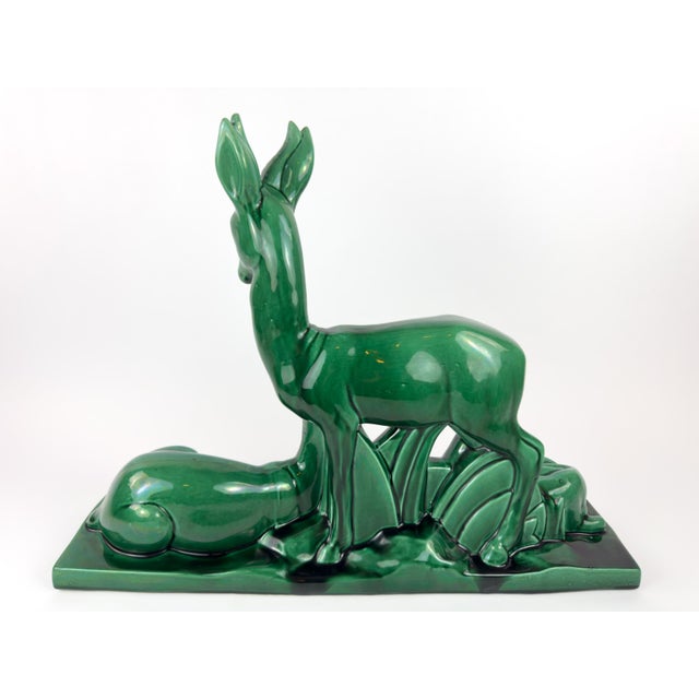 Monumental French Art Deco Ceramic Sculpture ‘Stag, Doe & Fawn’ by Charles Lemanceau, 1930s For Sale - Image 9 of 17