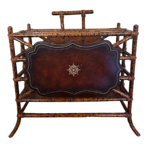 Vintage Maitland - Smith Scorched Bamboo and Tooled Leather Chinoiserie Canterbury Magazine Rack