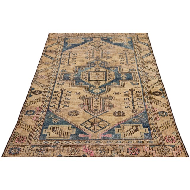 Persian 1960s Vintage Persian Distressed Handmade Geometric Tan Wool Rug For Sale - Image 3 of 7
