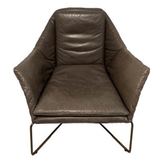 West Elm Origami Leather Armchair Gray Leather Lounge Chair With Brass Frame For Sale