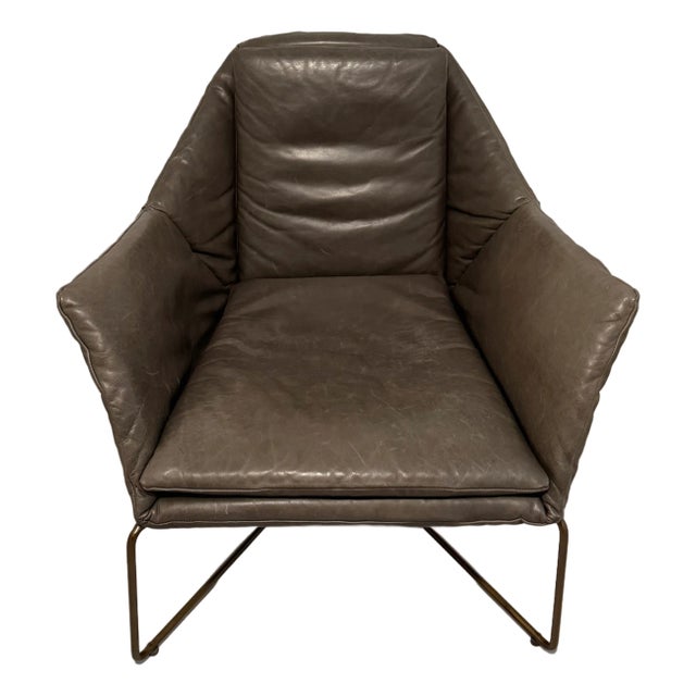 West Elm Origami Leather Armchair Gray Leather Lounge Chair With Brass Frame For Sale