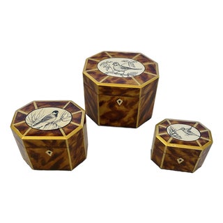 Artist Hand Painted Faux Tortoise & Pen & Ink Decorative Boxes - Set of 3 For Sale