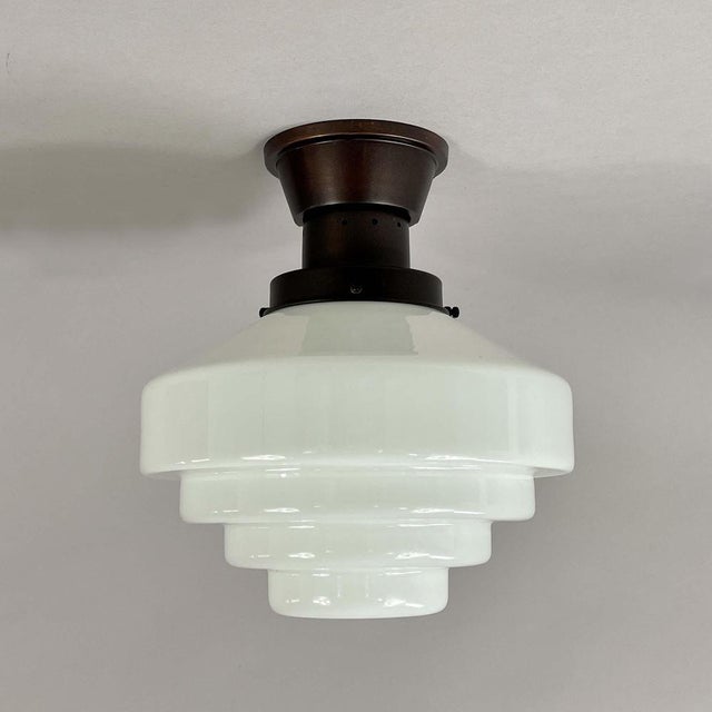 Swedish Opaline Glass & Burnished Copper Flush Mount, 1940s For Sale - Image 4 of 16