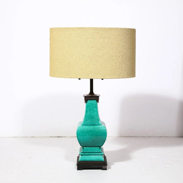 Mid-Century Modernist Ceramic Turquoise Jade Table Lamps W/ Bronze Fittings For Sale - Image 4 of 11