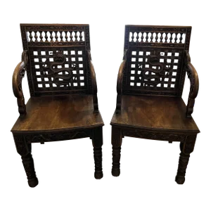 19th Century Vintage Carved Chinese Dragon and Symbolic Armchairs - a Pair
