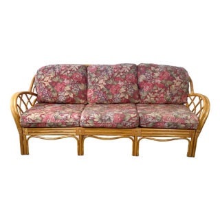 Vintage Palm Beach Style Rattan Sofa With Architectural Lattice Back For Sale