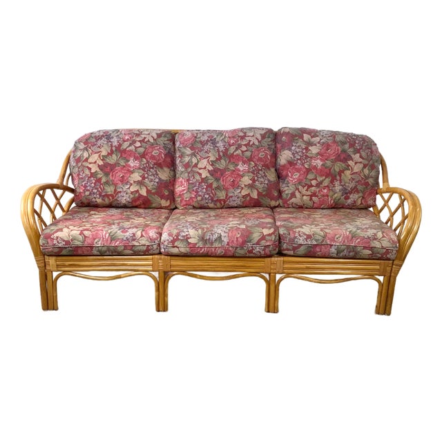 Vintage Palm Beach Style Rattan Sofa With Architectural Lattice Back For Sale
