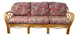 Vintage Palm Beach Style Rattan Sofa With Architectural Lattice Back
