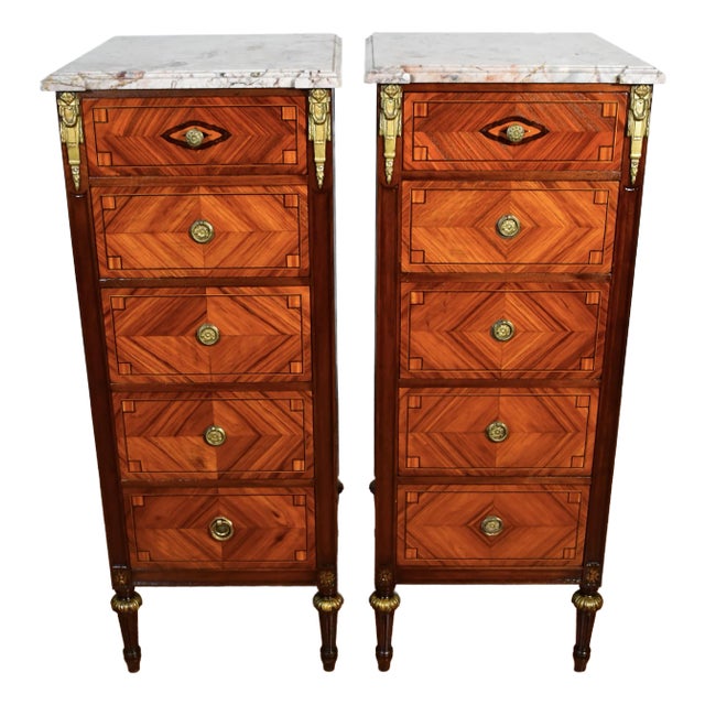 1900 Pair Antique French Louis XVI Walnut & Satinwood Marble Top Lingerie Stands For Sale