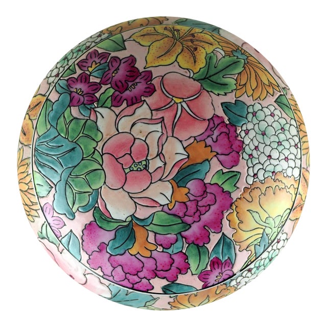 Vintage Macau Style Floral Chinoiserie Lidded Enamel and Porcelain Round Box For Sale