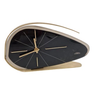 Vintage Black Clock in Brass and Plastic by Prim, 1950 For Sale