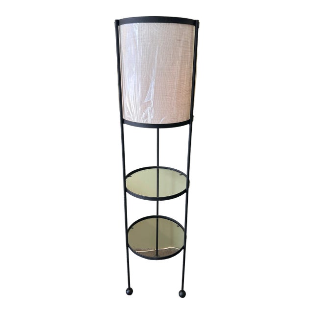 1950s Frederic Weinberg Iron + Glass Circular Floor Lamp With Shelves For Sale