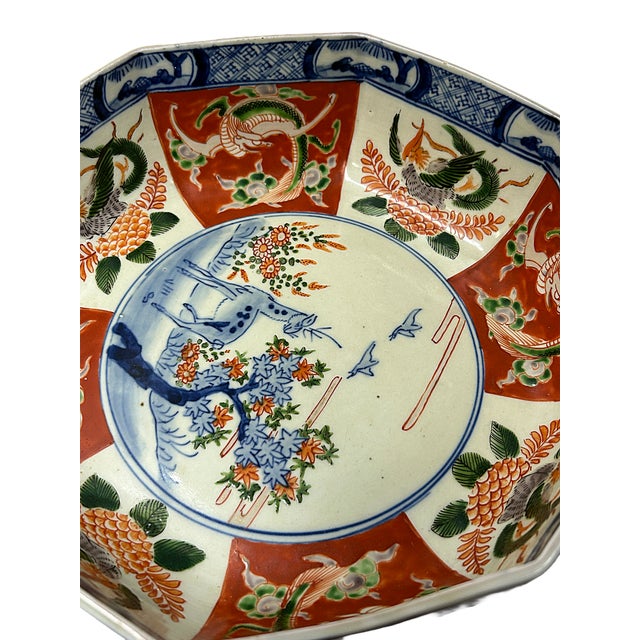 Vintage Oriental Imari Blue Red White Octagonal Porcelain Bowl Art For Sale - Image 12 of 12