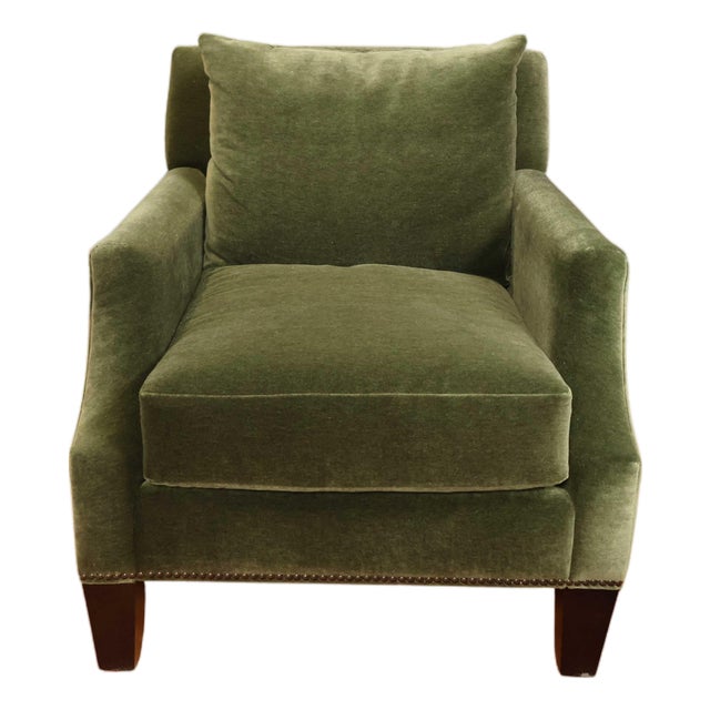 Modern Transitional Green Velvet Armchair by Burton James For Sale