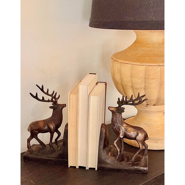 A Pair of Vintage Bronze-Clad Cast Iron Elk, Stag, Deer With Antlers Bookends. Substantial, sculptural wildlife themed...