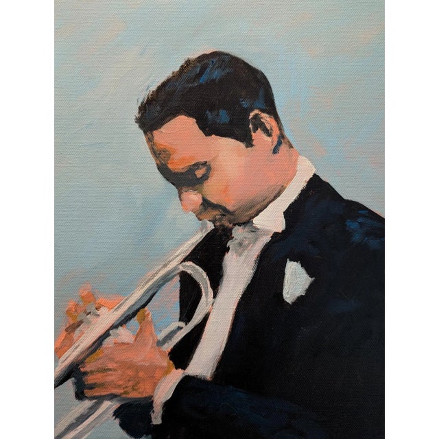 Painting of trumpet player playing a trumpet. Music, jazz club, impressionism, 60's, cool.