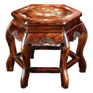 Vintage Chinese Rosewood Hexagonal Stool / Mother of Pearl Inlay Plant Stand For Sale