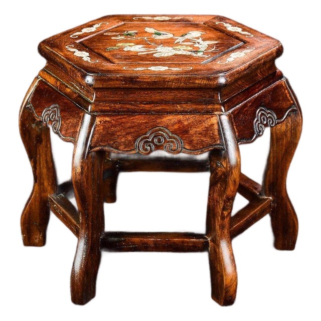 Vintage Chinese Rosewood Hexagonal Stool / Mother of Pearl Inlay Plant Stand For Sale