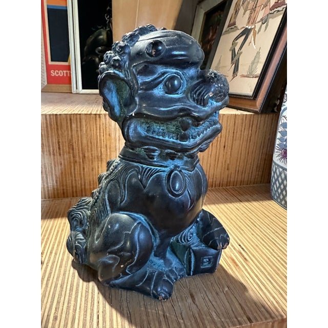 Ceramic Mid 20th Century Black Glazed Terra Cotta Chinese Foo Dogs Lions- a Pair For Sale - Image 7 of 12