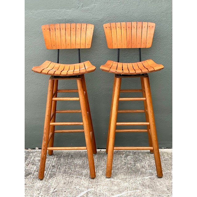 Wood Vintage MCM Slat Swivel Bar Stools After Arthur Umanoff For Sale - Image 7 of 12