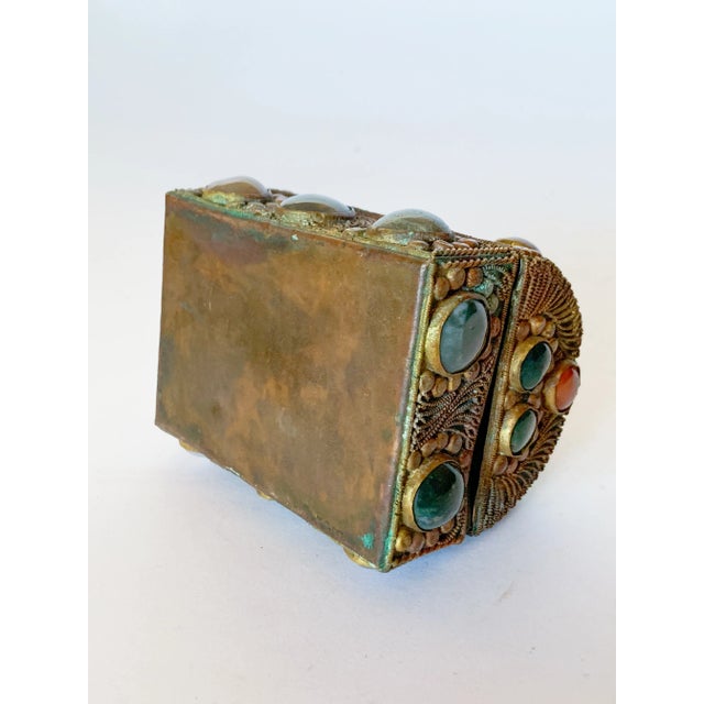 Brass Antique Tibetan Bronze Filigree and Gemstone Agate Inlaid Jeweled Jewelry Box For Sale - Image 8 of 10