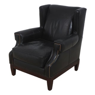 Frontgate Black Leather High Quality Club Wing Chair For Sale