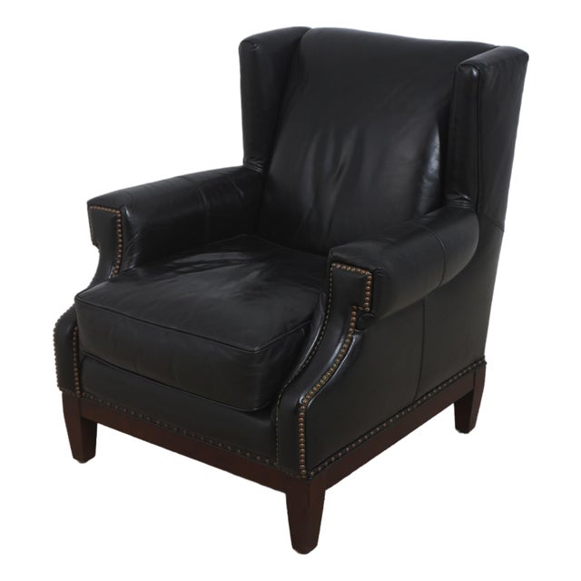 Frontgate Black Leather High Quality Club Wing Chair For Sale