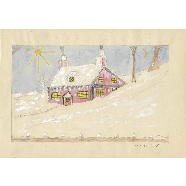 1943 gouache and watercolor on paper of a snow scene by William E. Wood, a Devon artist in England. Signed lower right....