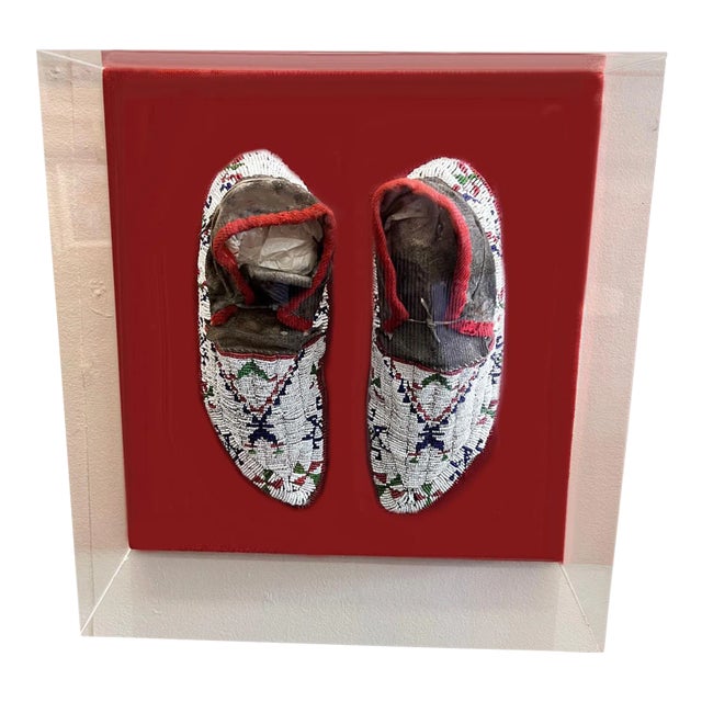 Antique Custom Framed Cheyenne Beaded Sinew Sewn Moccasins in the Style of Native American Arts and Crafts For Sale