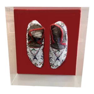 Antique Custom Framed Cheyenne Beaded Sinew Sewn Moccasins in the Style of Native American Arts and Crafts