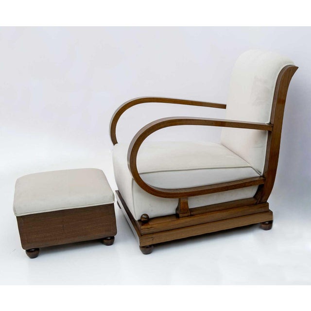 Art Deco Italian Walnut and Velvet Sofa, Armchair, and Ottoman, 1920s, Set of 3 For Sale - Image 12 of 13