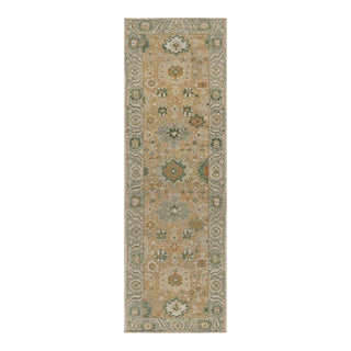 Rug & Kilim’s Oushak Style Runner Rug in Beige-Brown and Green Floral Patterns For Sale
