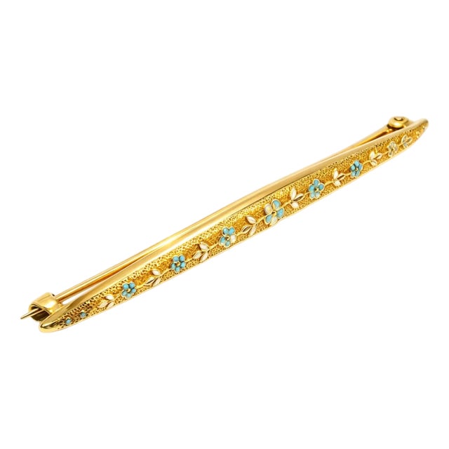 14K Yellow Gold Victorian Antique Enamel Floral Bar Pin Brooch For Sale