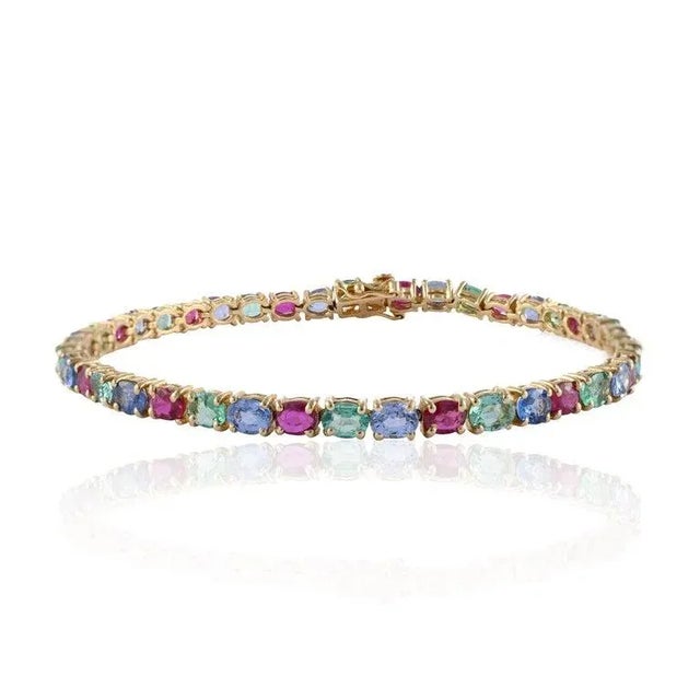 Art Deco 15.25 Carat Emerald, Ruby and Sapphire 14k Yellow Gold Tennis Bracelet For Sale - Image 3 of 5