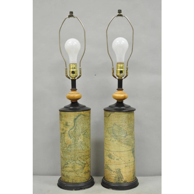 Vintage Regency Style European Old World Map Wrapped Cylinder Table Lamps - Pair For Sale - Image 17 of 17