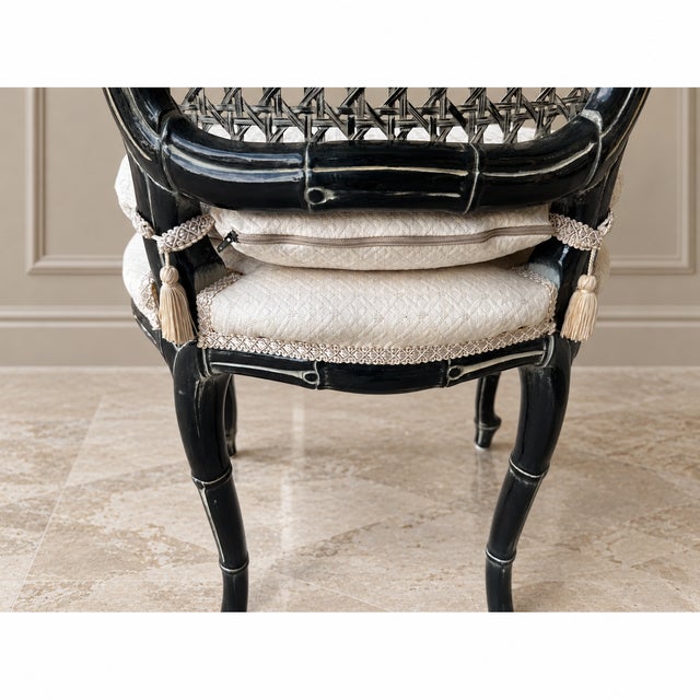 Vintage Chinoiserie Dark Jade Green Lacquer Faux Bamboo Cane Dining Chairs - Set of 6 For Sale - Image 12 of 18