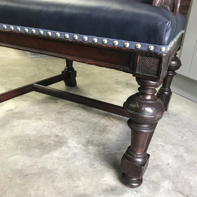 1920s Oak Leather Linen Armchair Reupholstered For Sale - Image 4 of 12