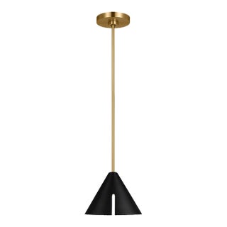Kelly Wearstler By Visual Comfort Studio Cambre 1-Light integrated LED Small Pendant in Burnished Brass with Midnight Black Steel Shade For Sale