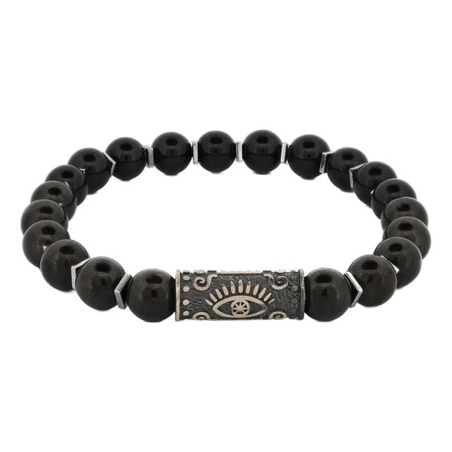 Black Onyx Stone & Sterling Silver Unique Evil Eye Symbol Beaded Bracelet For Sale