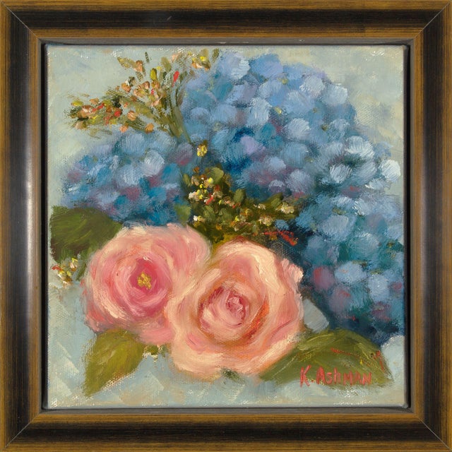Farmhouse Blue Hydrangea Coastal Floral With Pink Roses, "Beloved" Framed Oil Painting by Artist Kristin Ashman For Sale - Image 3 of 4